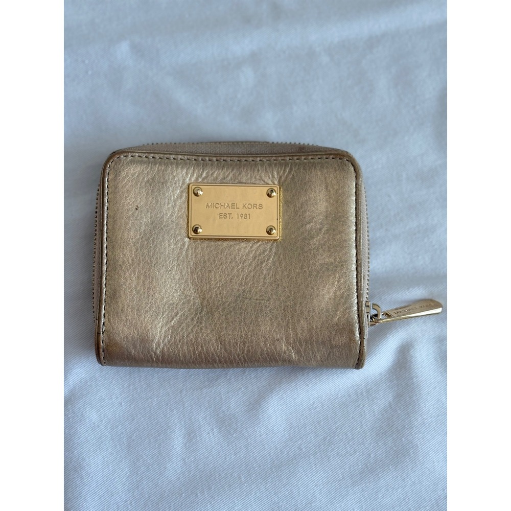 Michael Kors Wallet Small Gold Good Metallic Bifold Zip Coin Pocket Logo Plate